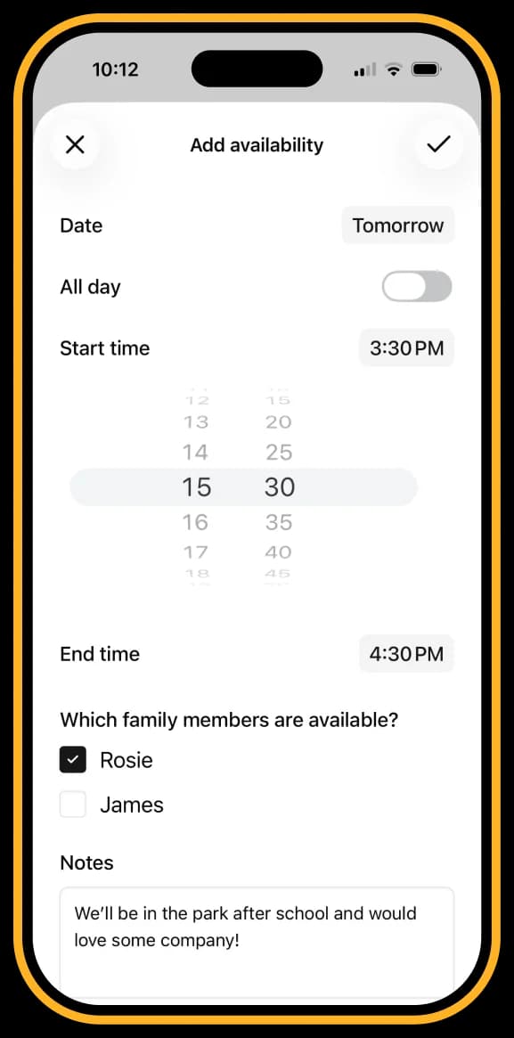 The Add availability sheet showing a date, time, family member checkboxes, and a notes field.