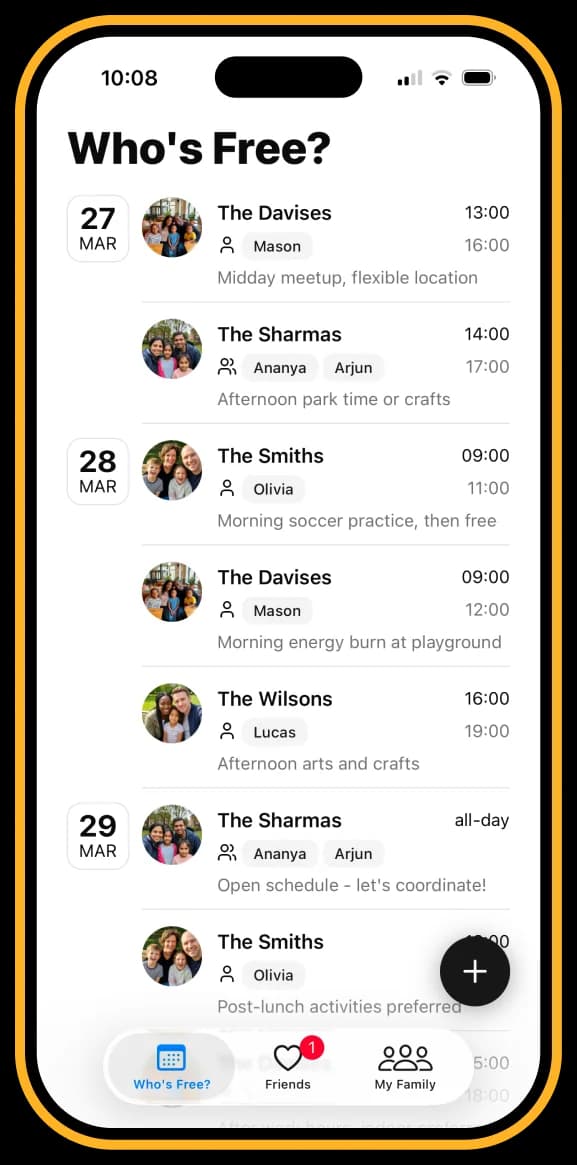 The Who's Free? availability feed showing several families with their times and notes.