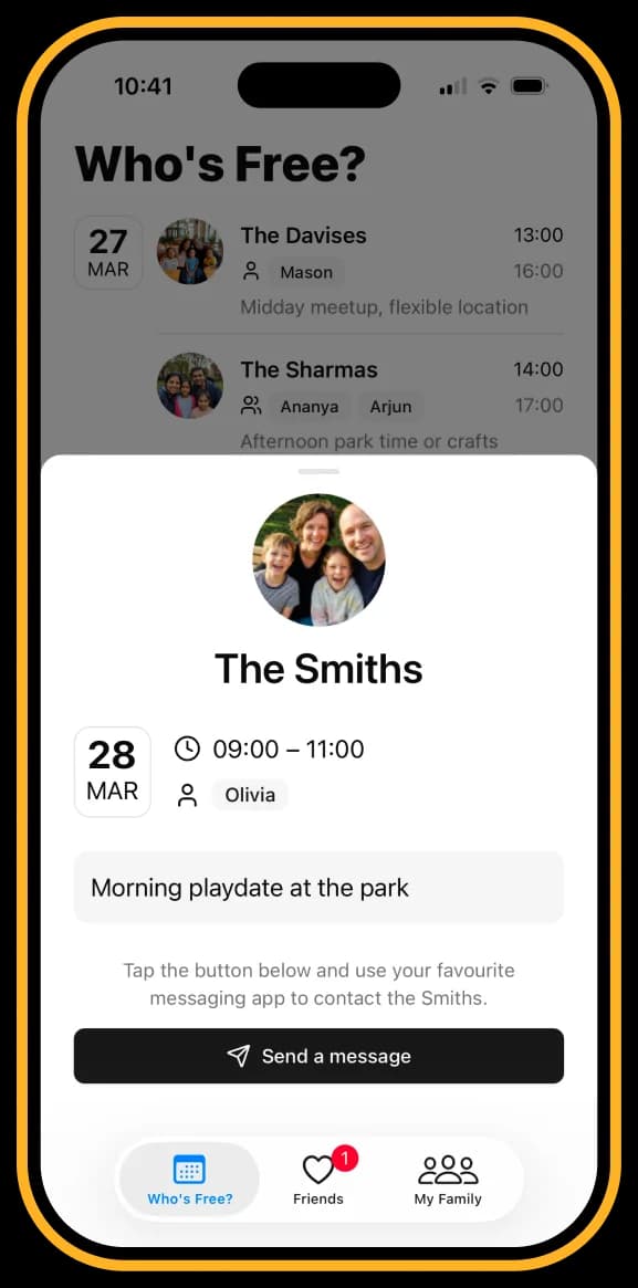 A friend detail sheet showing The Smiths' availability with a Send a message button.